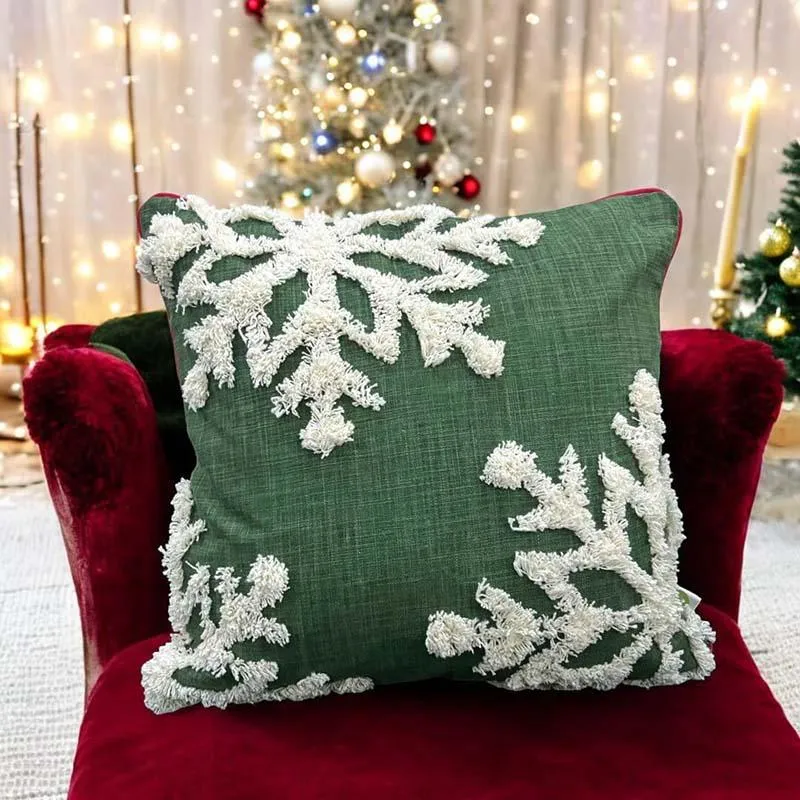 Verdant Snowflakes Cotton Christmas Cushion Cover media 1