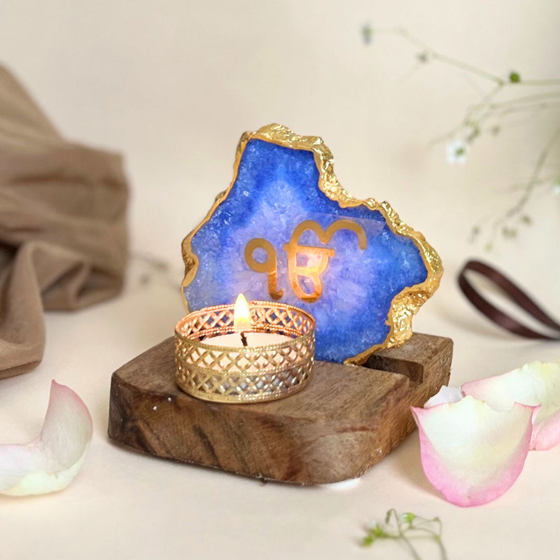 Ik Onkar Handcrafted Agate Religious Accent With Tealight Candle Holder - Blue media 3