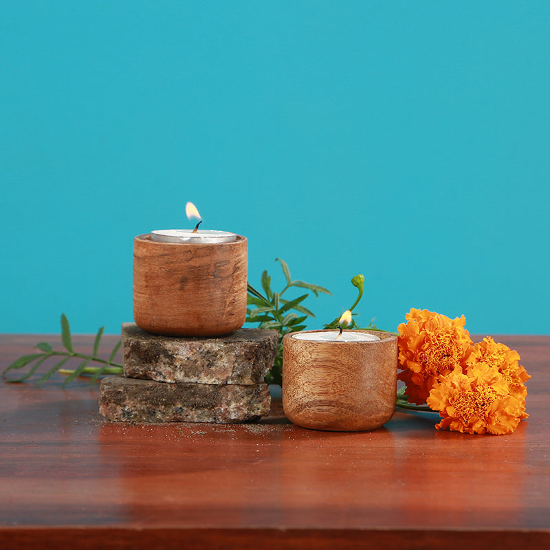 Ameena Mango Wood Candle Holder - Set Of Two
