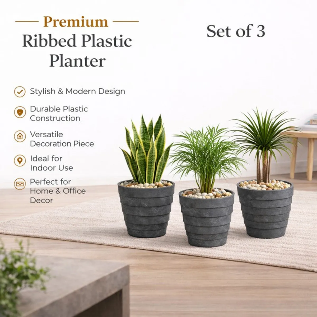 Three grey ribbed planters with green plants in a modern room