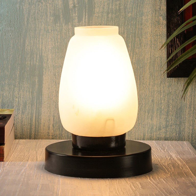 Glowzen Glass Table Lamp With Wooden Base - White