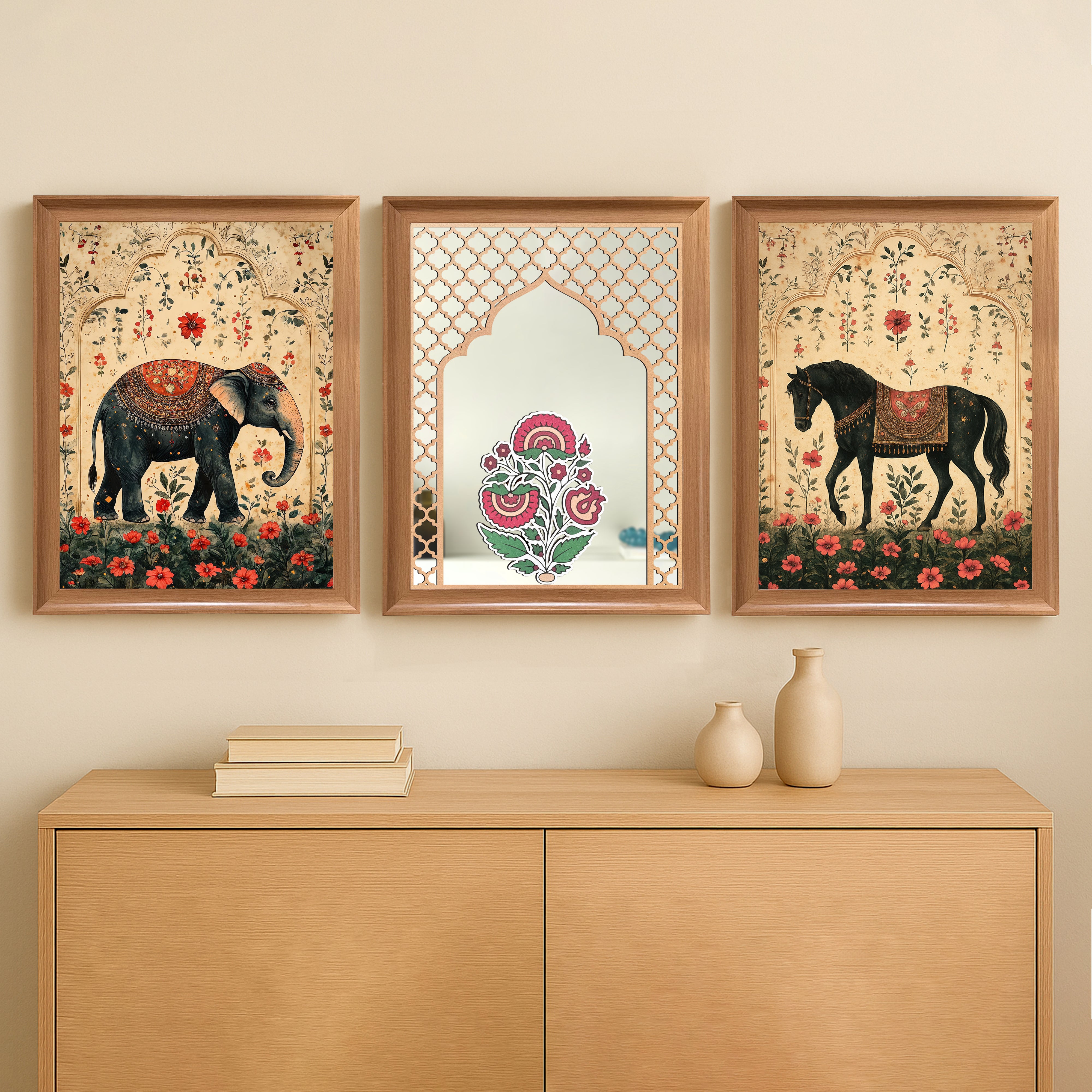 Traditional Mughal Motif Wall Painting With Mirror - Set Of Three media 3