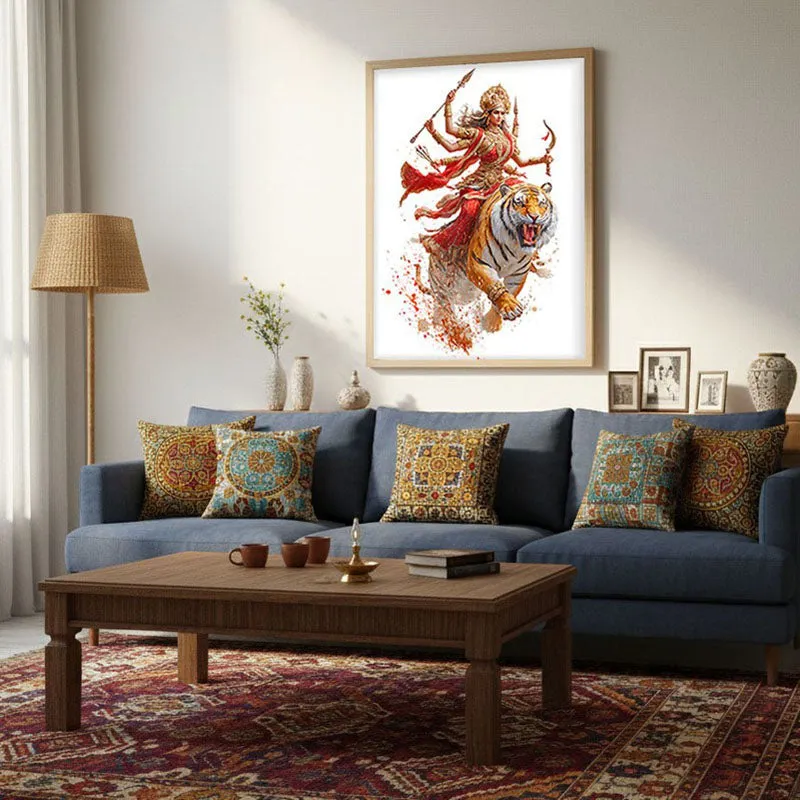 Maa Durga With Tiger Archival Paper Wall Art - Natural Brown Frame media 3