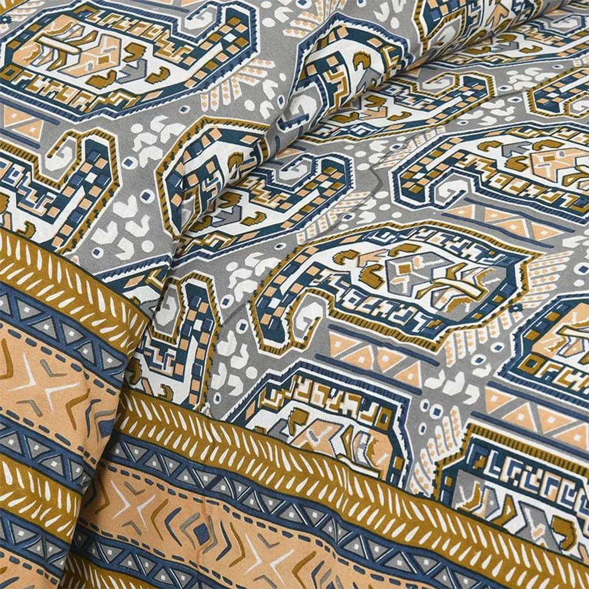 Close-up of grey bedsheet with blue and mustard ethnic motifs and border