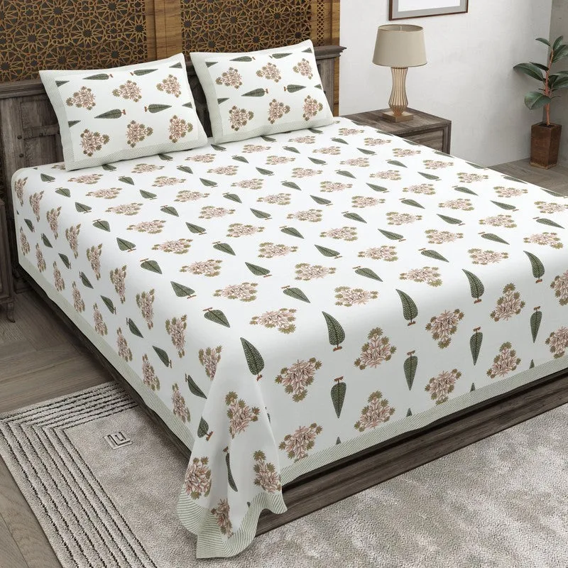 Desia Cotton Bedsheet (White,Green) - 240 TC media 1