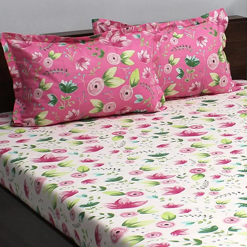 Vidhi Floral Cotton Bedsheet (White,Pink) - 110 TC media 4