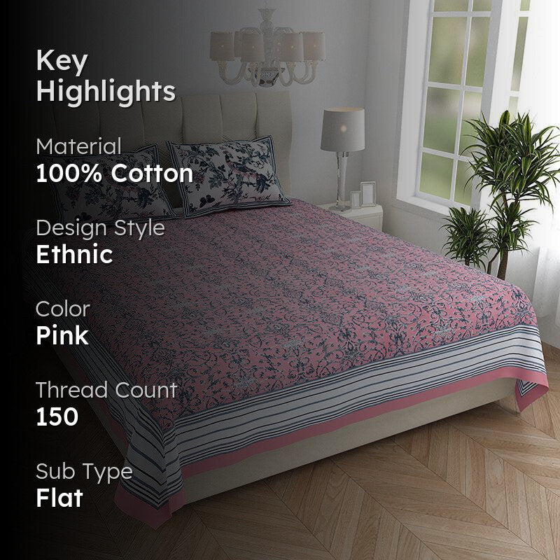 Avani Aura Floral Cotton Bedsheet (Pink) - 150 TC media 2