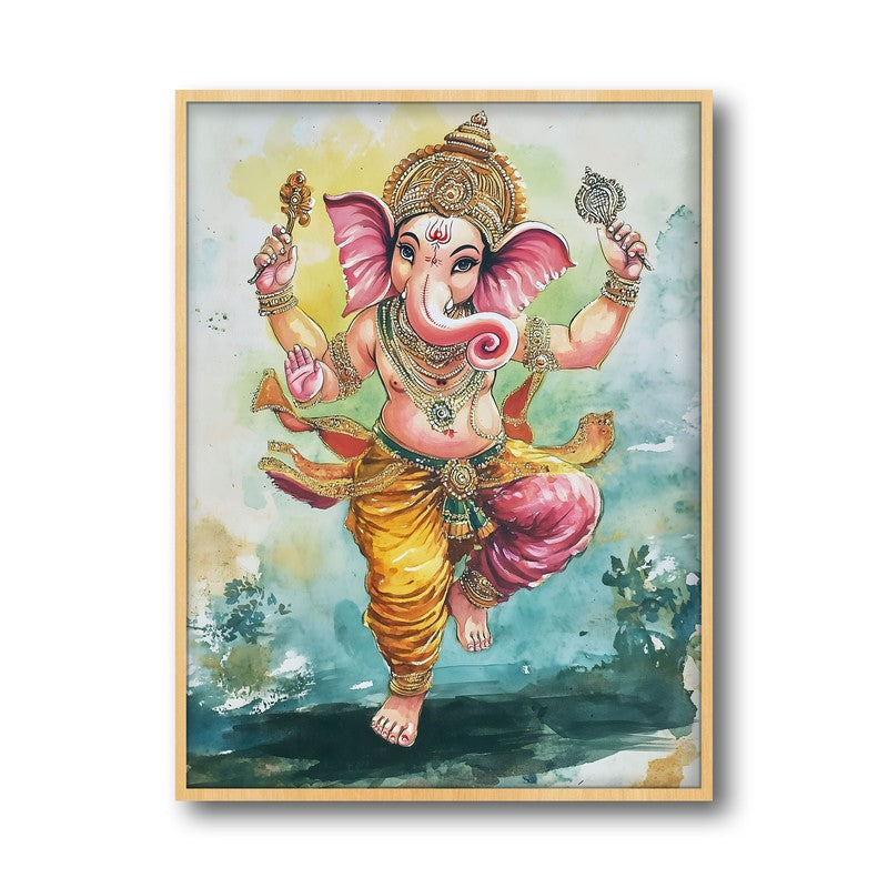 Nritya Ganesha Spiritual Archival Paper Wall Painting - Natural Brown Frame media 6