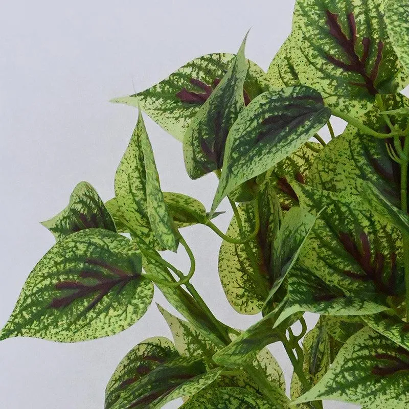 Close-up of green speckled artificial coleus leaves with dark purple centres