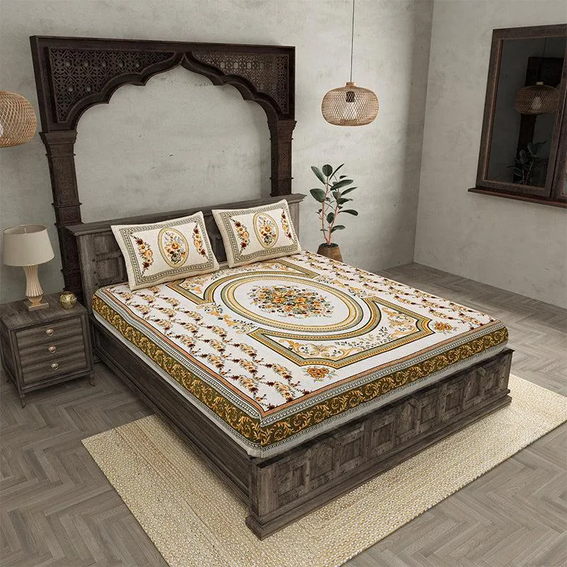Pusthi Ethnic Cotton Bedsheet (Yellow) - 240 TC media 1