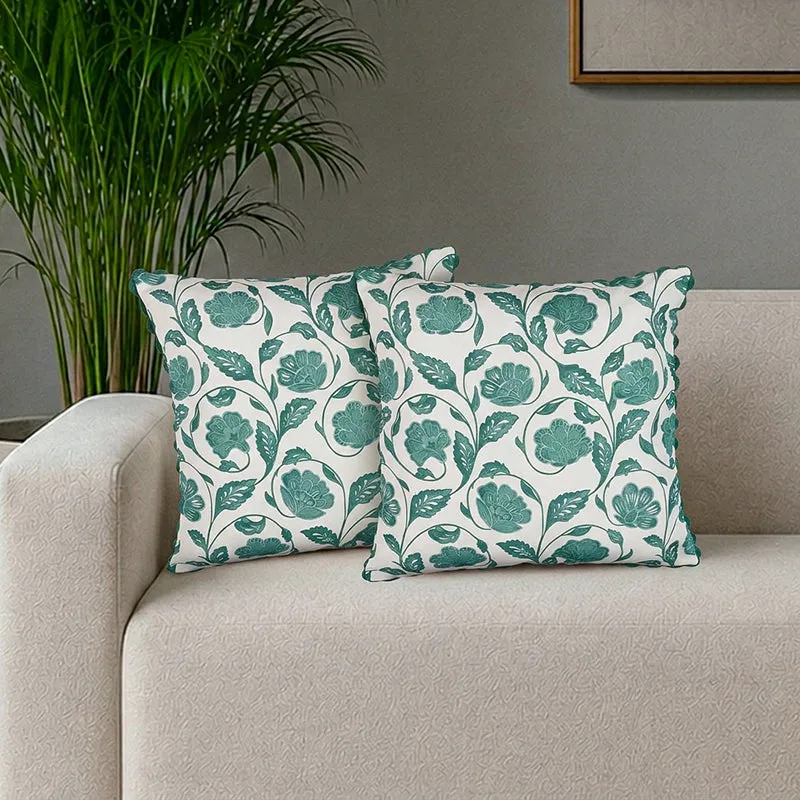 Flora Twine Printed Cushion Cover (Green) - Set Of Two media 1