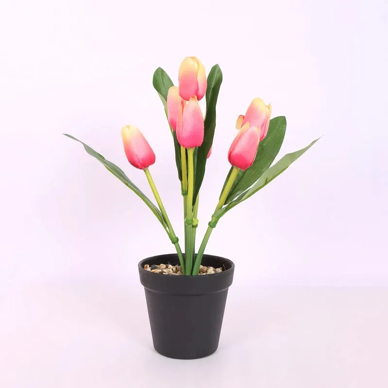 Artificial Tulip Flower Plant With Black Plastic Pot - Pink,Yellow media 3