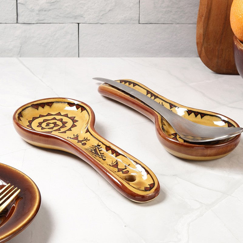 ArtistryAura Hand Painted Ceramic Spoon Rests Elegant Kitchen Tools - Set Of Two