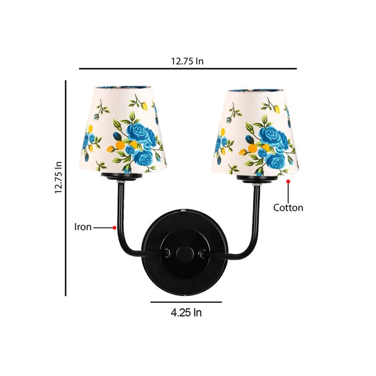 Twin wall lamp shown with printed dimensions on a white background