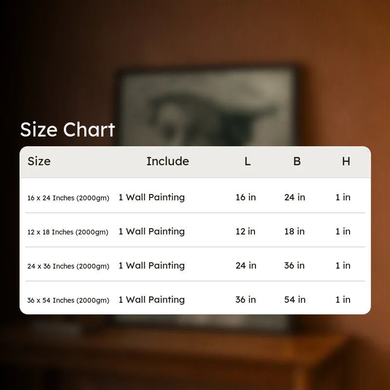 Blurred room scene with framed portrait wall art and a white information panel overlay