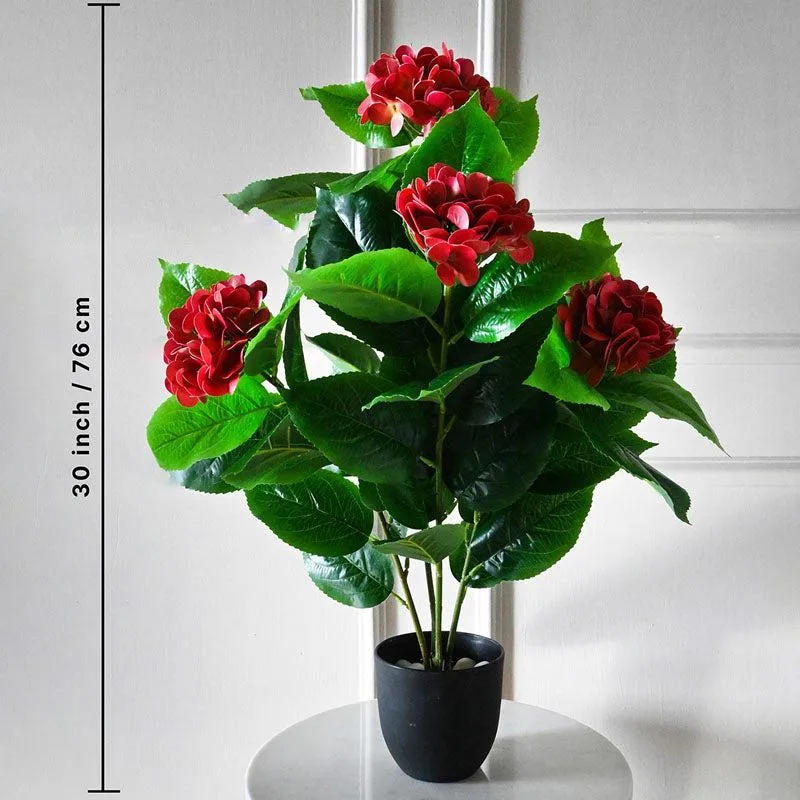 Faux Everlasting Hydrangea Plant With Black Plastic Pot (Red) - 76 cm (2.5 ft) - 5