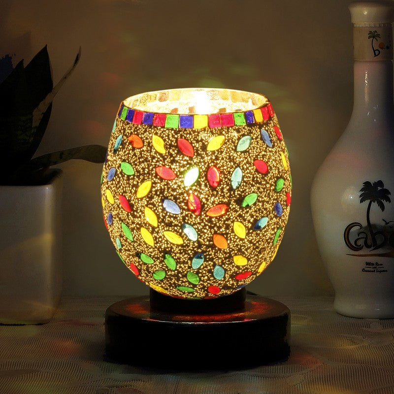 Skyrin Mosaic Glass Table Lamp With Wooden Base - Multicolor