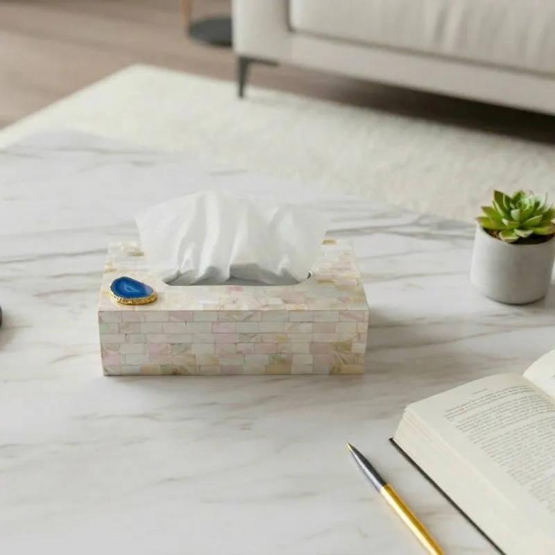 Suzzaine Handcrafted Mother Of Pearl & Agate Tissue Box - Blue & Beige media 2