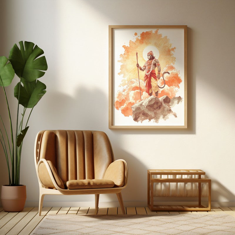 Sri Hanuman with Sun Aura I Archival Paper Wall Art - Natural Brown Frame