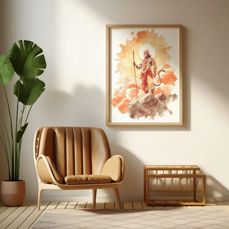 Sri Hanuman with Sun Aura I Archival Paper Wall Art - Natural Brown Frame media 1
