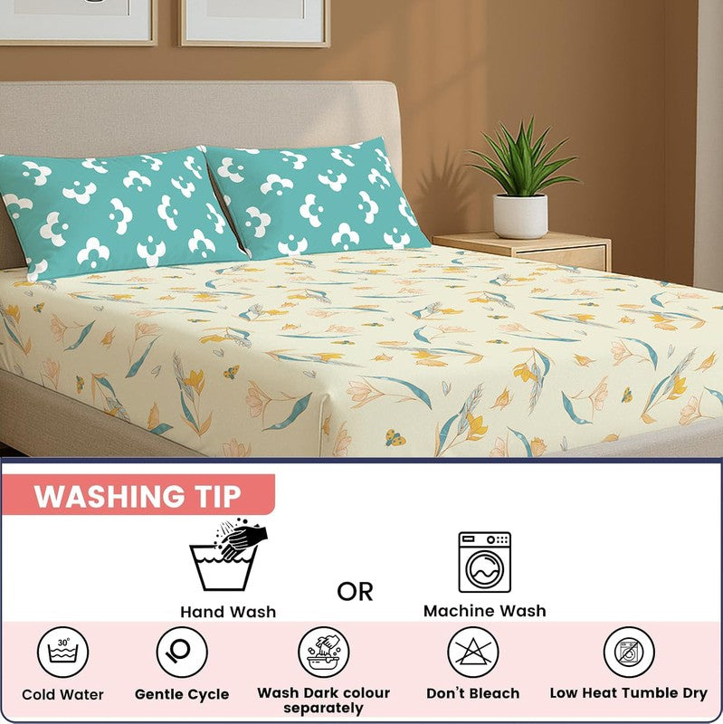 Sea Breeze Petals Floral Cotton Bedsheets (White & Blue) - 144 TC media 7