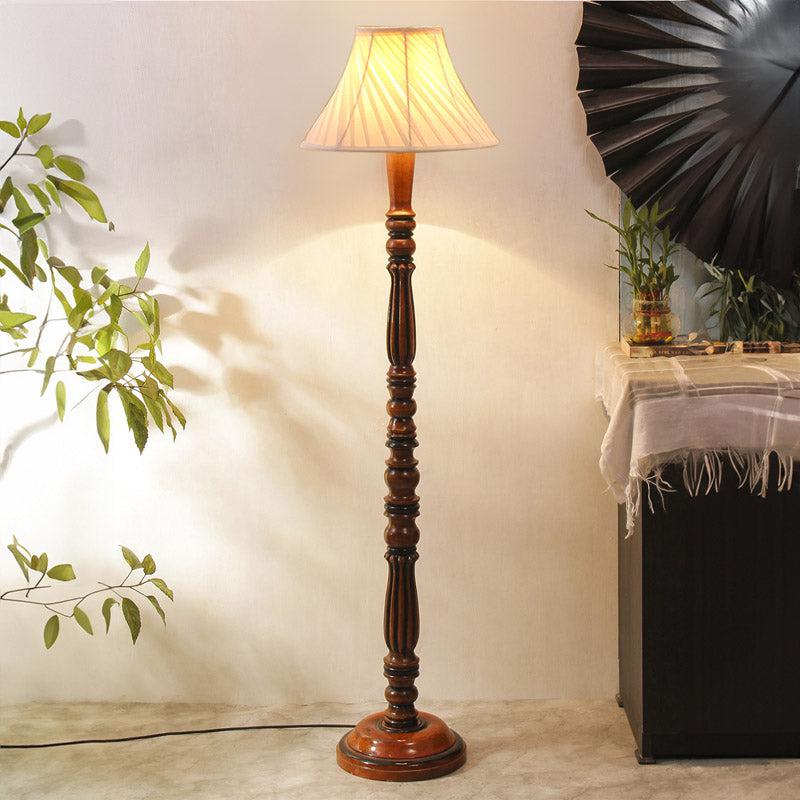 Masiya Vintage Wooden Floor Lamp With Pleated Shade - Off-White