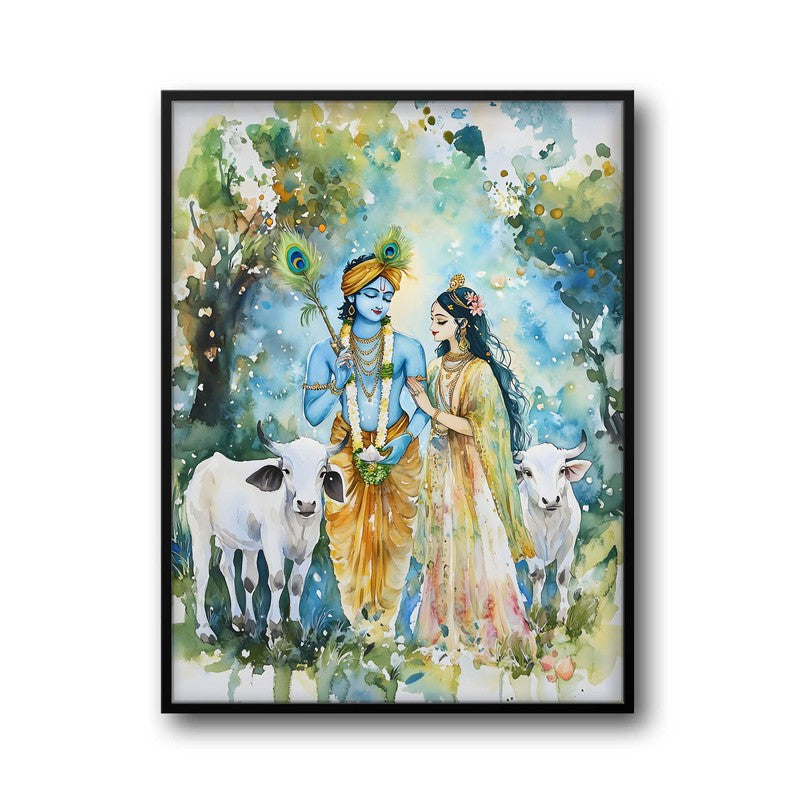 Sri Radha Krishna Spiritual Archival Paper Wall Painting With Frame - Black media 5