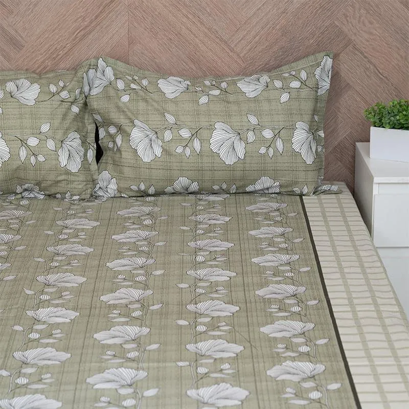 Manora Floral Cotton Bedsheet (Olive Green) - 144 TC media 4