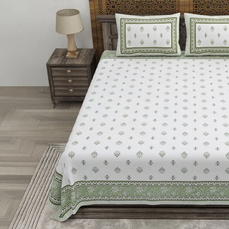 Gardenon Cotton Bedsheet (White,Green) - 240 TC media 3