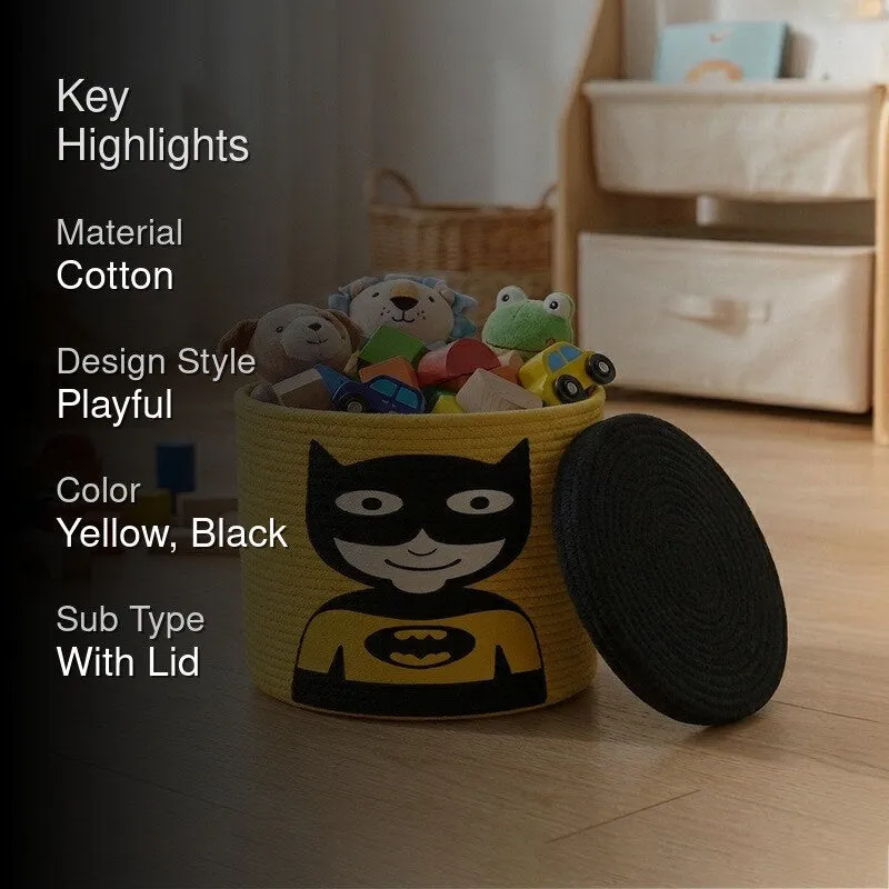 Yellow superhero storage basket with black lid in a styled room setting