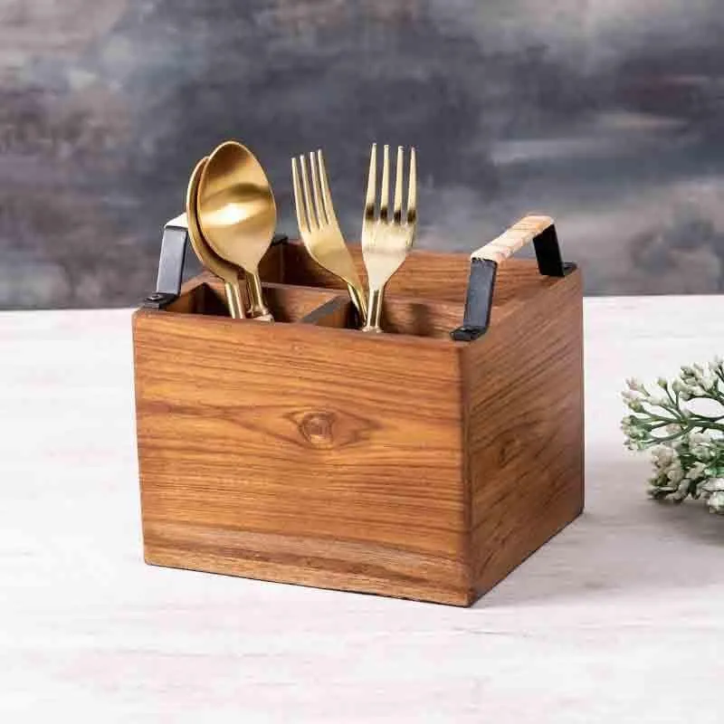 Rustic Wooden Cutlery Stand with Metal Handles media 1