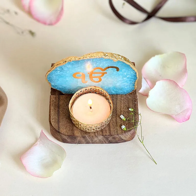 Ik Onkar Handcrafted Agate Religious Accent With Tealight Candle Holder - Turquoise media 5