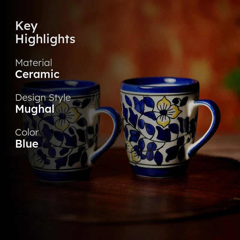 Floral Ceramic Coffee Mug (300 mL Each,Blue) - Set Of Two media 2
