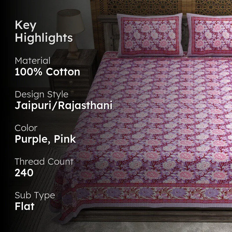 Bloomo Cotton Bedsheet (Purple,Pink) - 240 TC media 2