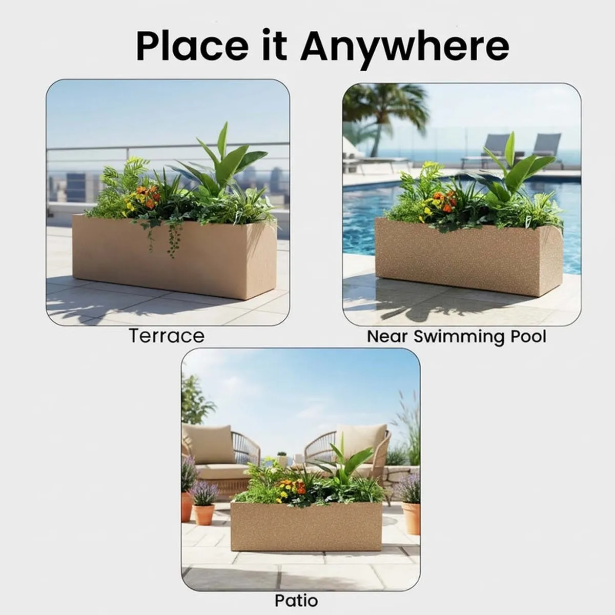 Brown planter shown in terrace, poolside and patio settings.