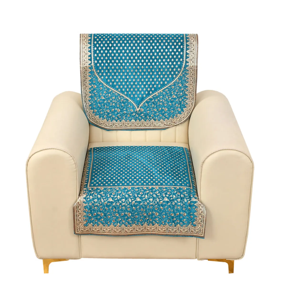 Front view of an aqua blue patterned armchair cover