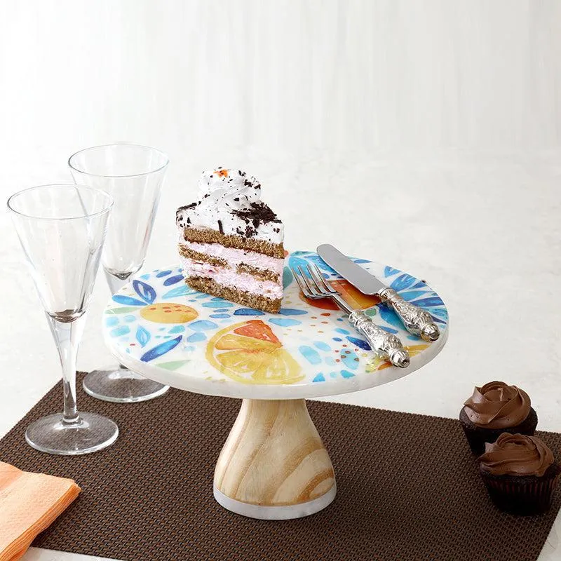 Pietra Wood Printed Marble & Wood Cake Stand media 1