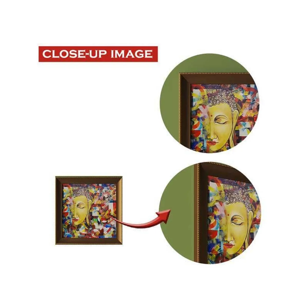 Close-up collage showing the framed Buddha wall art and details of the frame corners