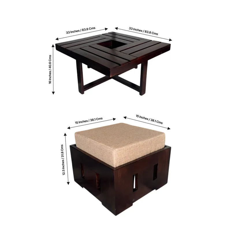 Flavon Sheesham Wooden Center Table with Stools and Cushions (Brown) - Nine Piece Set media 10