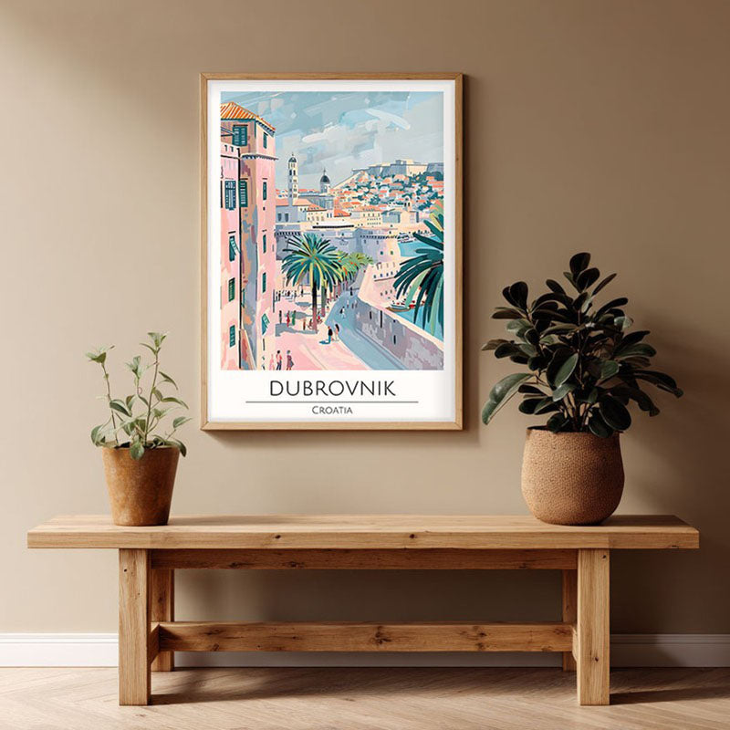 Vintage Dubrovnik Framed Canvas Archival Canvas Wall Painting - Natural Brown Frame
