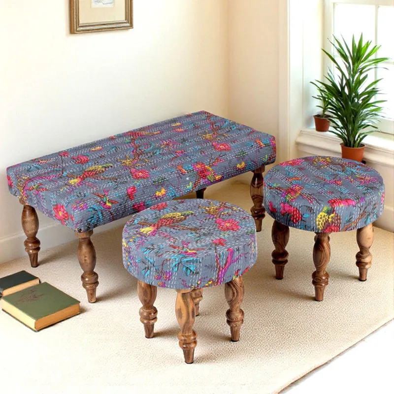 Daxor Sheesham Wooden Bench with Stools (Grey) - Three Piece Set media 1