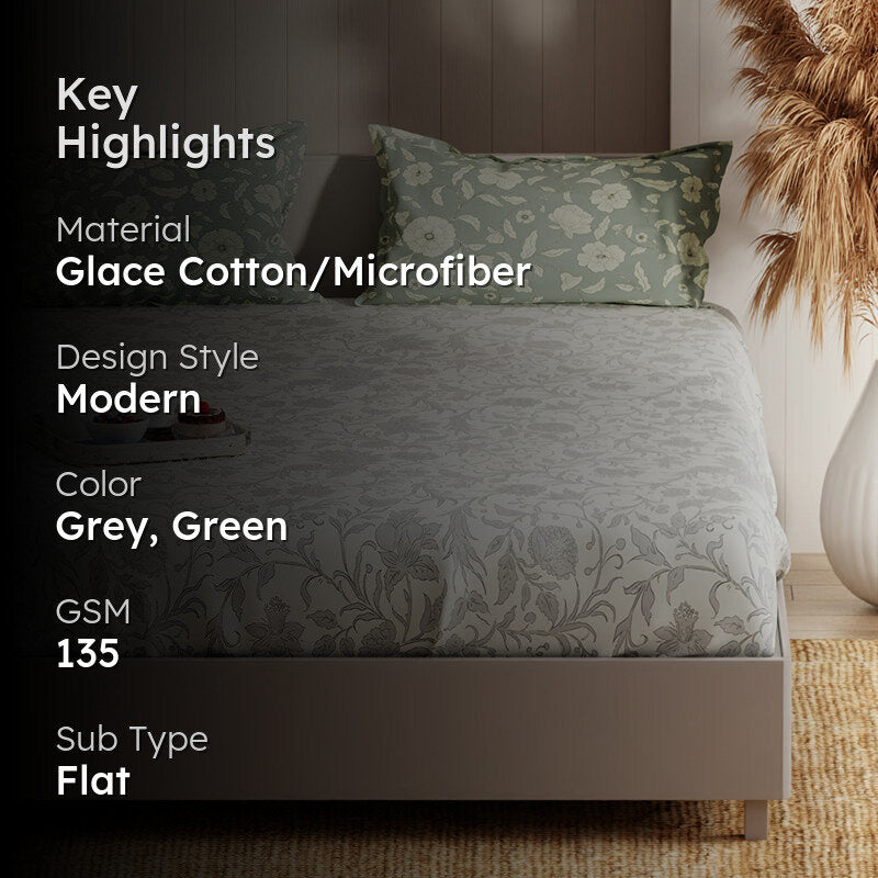 Rhapsody Floral Microfiber Bedsheet (Grey & White) - 135 GSM media 2