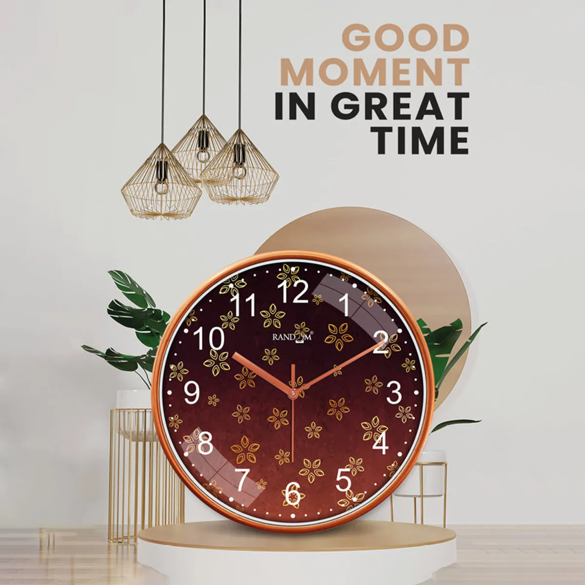 Decorative wall clock styled in a modern room with plants and pendant lights