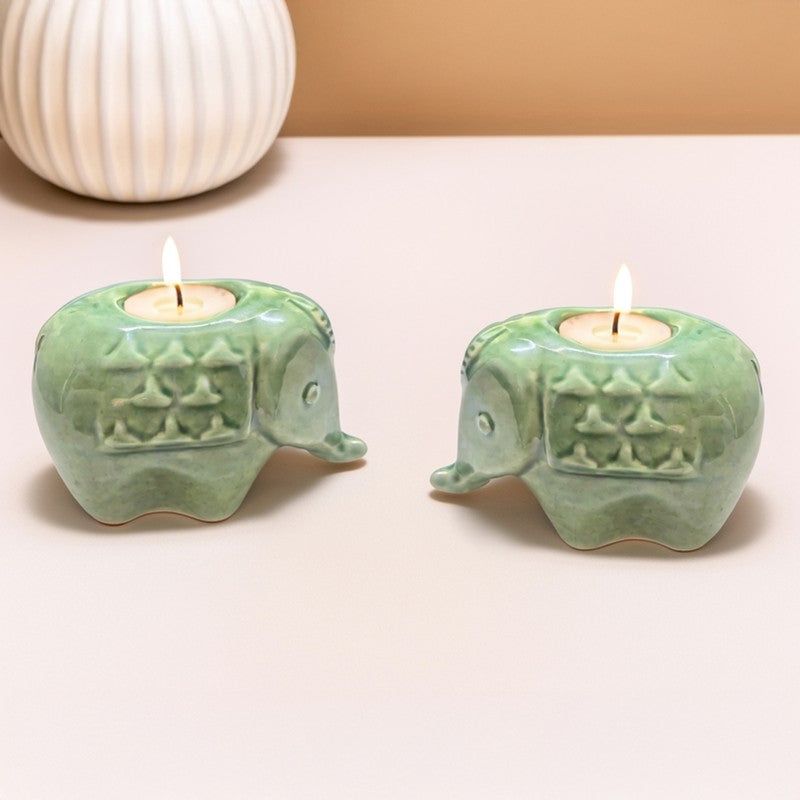 Ebony Elephant Ceramic Tea Light Candle Holders (Green) - Set Of Two media 3