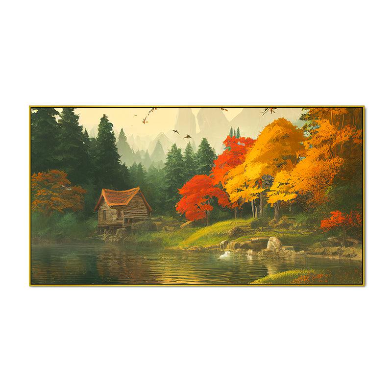 Autumn Cottage Lake Canvas Wall Painting With Gold Frame media 5