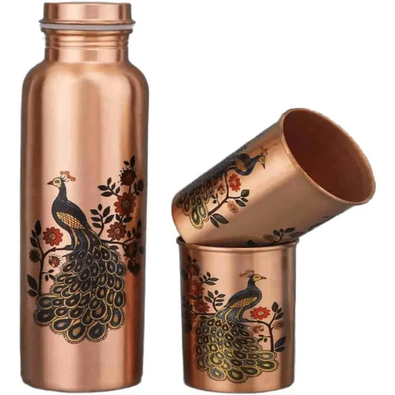 Ashya Mayoora Copper Water Bottle With Glasses media 3
