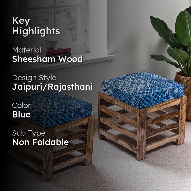 Tirox Sheesham Wooden Bench with Cushions (Blue) - Four Piece Set media 2