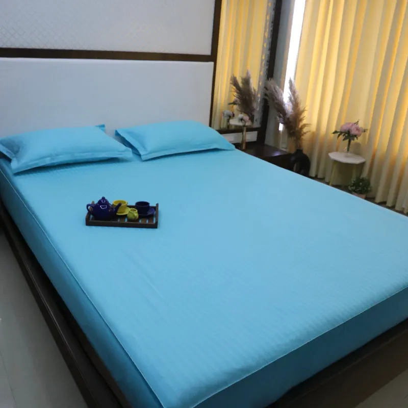 Le Coton Striped Solid Cotton Bedsheet (Sky Blue) - 250 TC media 3