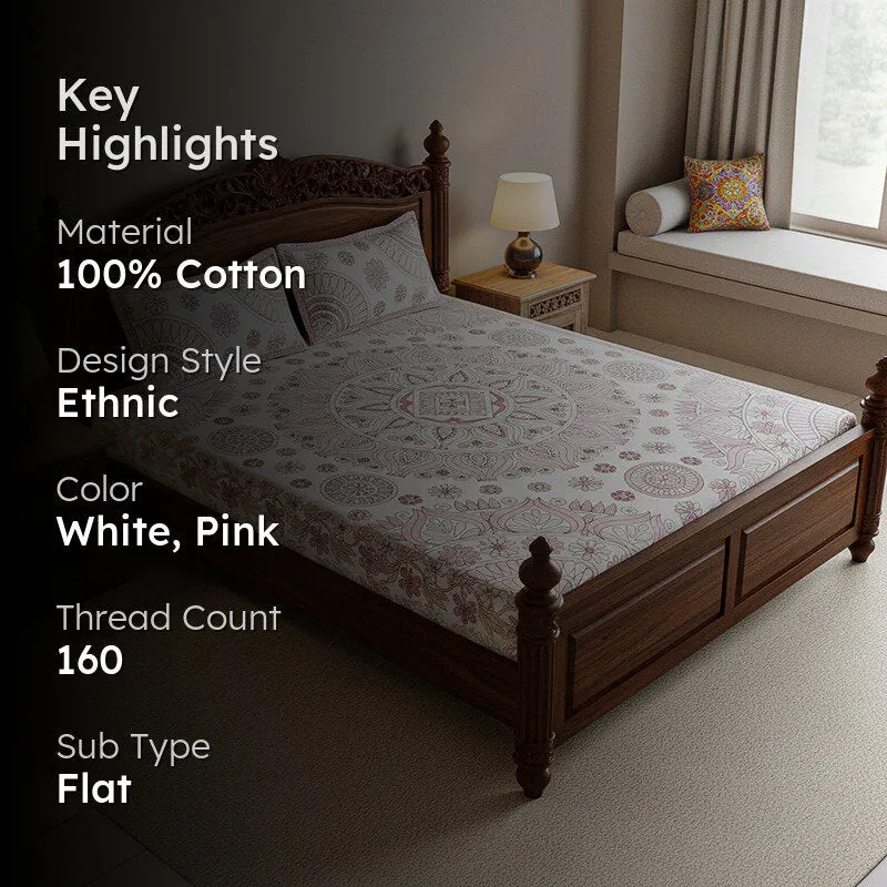 Kavya Mandala Ethnic Cotton Bedsheet (Pink,White) - 160 TC media 2