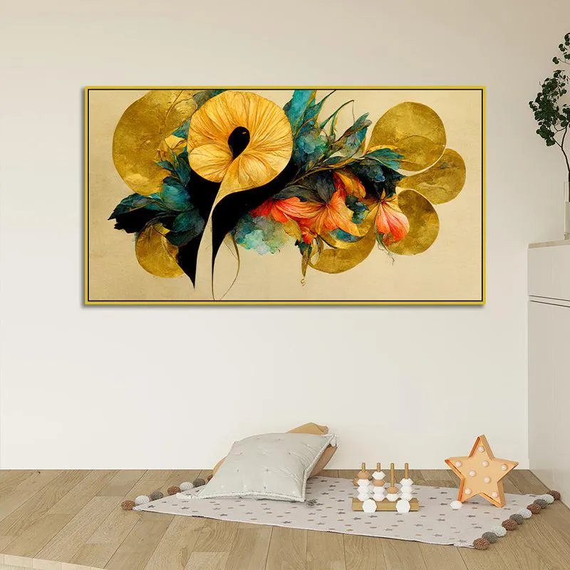 Kaleidoscopic Nature Floral Canvas Wall Painting With Frame - Gold media 1
